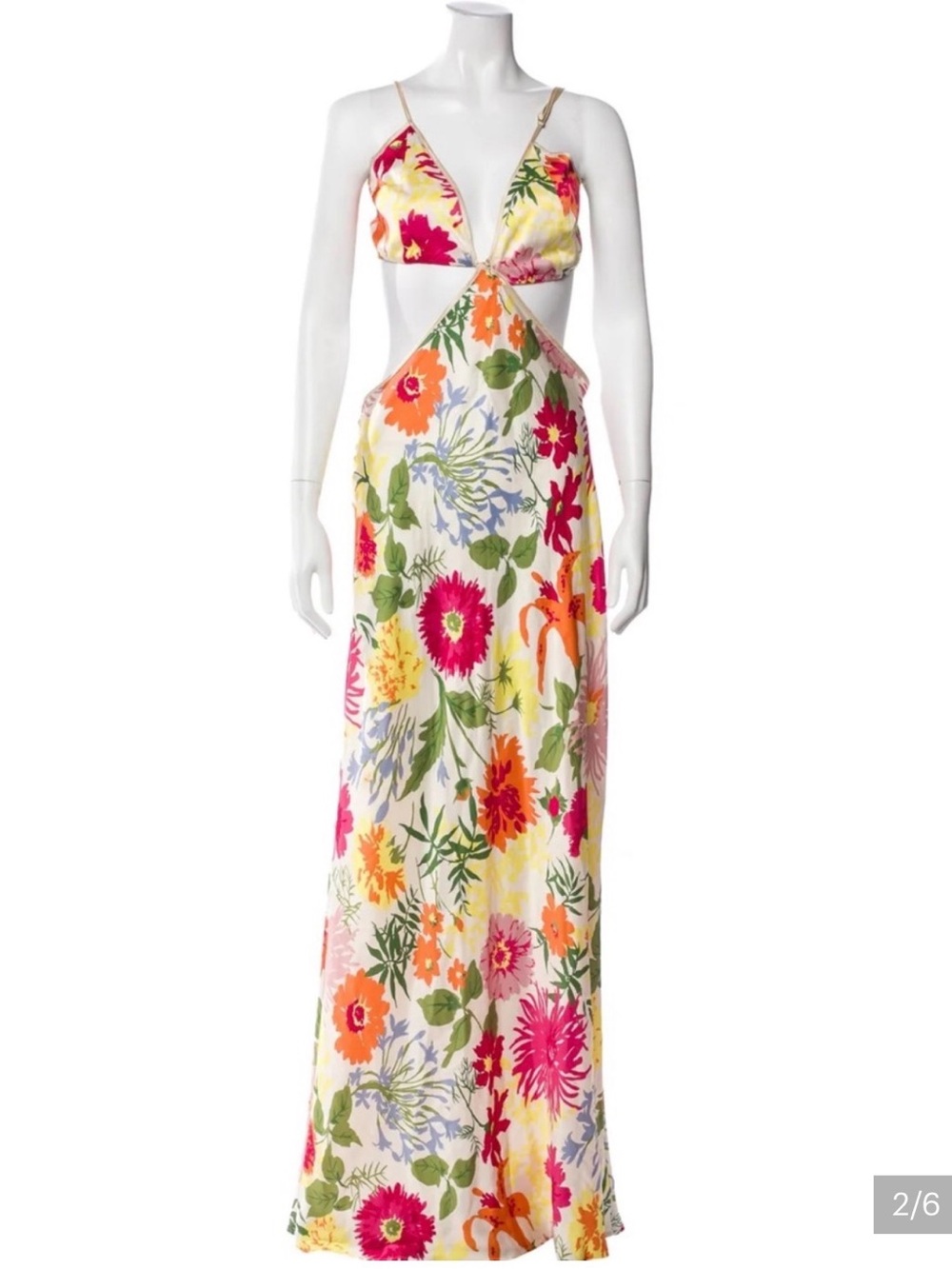 Reformation Cream Floral Cutout Maxi Dress with Pink & Orange Blooms - Picture 3 of 5